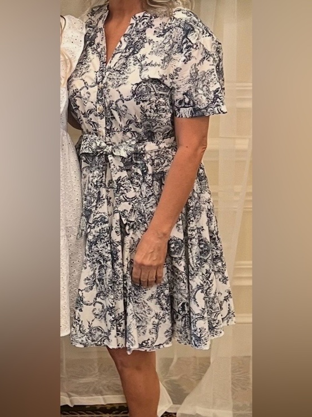 Toile White and Navy Short Sleeve Fit & Flare Dress